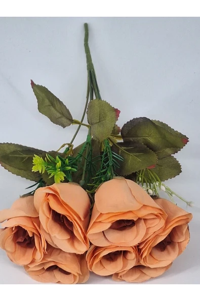 Turuncu 35 Cm 7 Kafalı Yapay Gül Buketi, Dekoratif ve Zarif Aranjman - 3