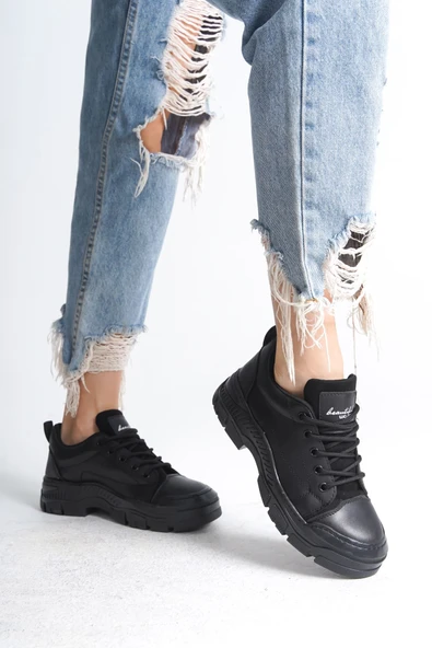 JET-JANE Bağcıklı Ortopedik Taban Kadın Sneaker Spor Ayakkabı  CST - Siyah - Resim 3