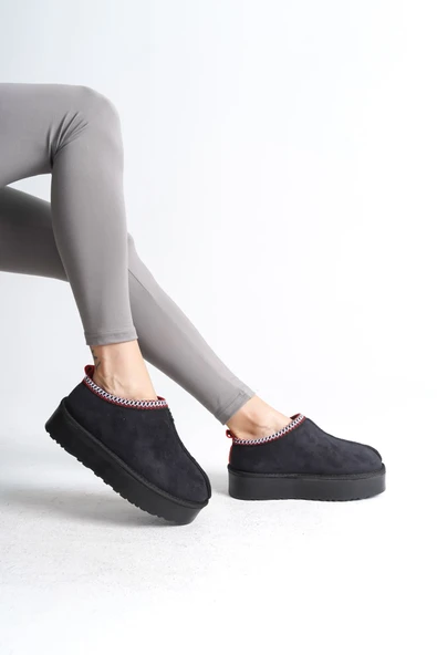 JET-LEILA Bağcıksız Düz ve Kalın Taban İçi Kürklü Kısa Süet Kadın Bot  SST - Siyah - Resim 3