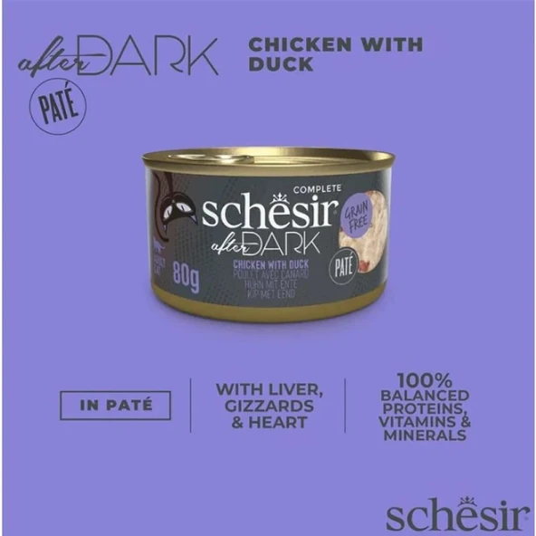 Schesir After Dark Sos İçinde Tavuk Etli ve Ördek Etli Tahılsız Yetişkin Kedi Konservesi 80 Gr (6 ADET) - 1
