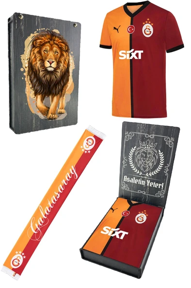 Galatasaray Orijinal Lisanslı 2024/25 Sarı Kırmızı 5 Yıldızlı Taraftar Forma + Şal Kaşkol Set Hediyelik Ahşap Kutulu ürün görseli 1