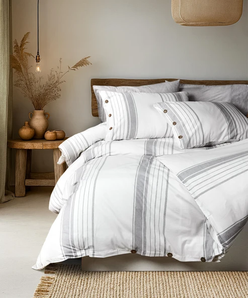 Cotton Collection Çift Kişilik Çizgili Nevresim Seti Mistray