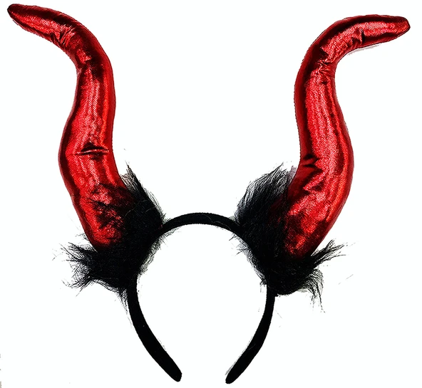 Kırmızı Renk Mega Boy Siyah Tüylü Saten Kaplama Boynuzlu Malefiz Tacı 30x28 cm ürün görseli 1
