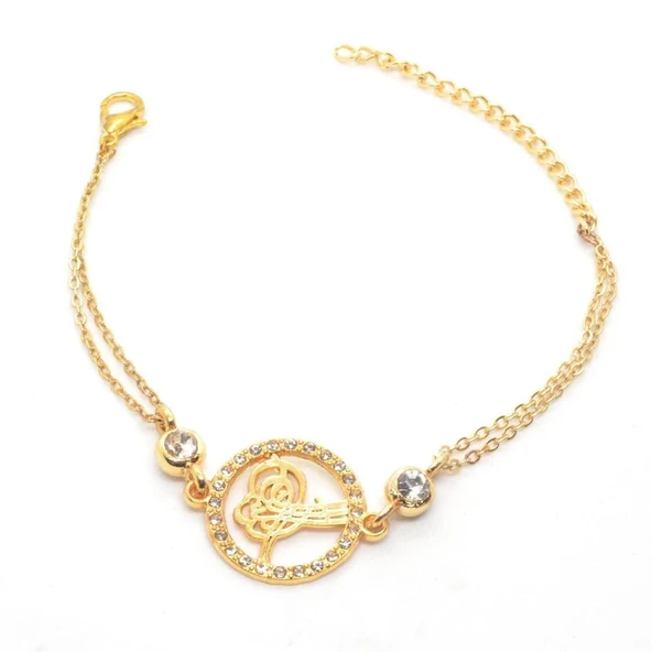 Altın Renk Taşlı Tuğra Figürlü Çift Zincirli Bileklik ürün görseli 1