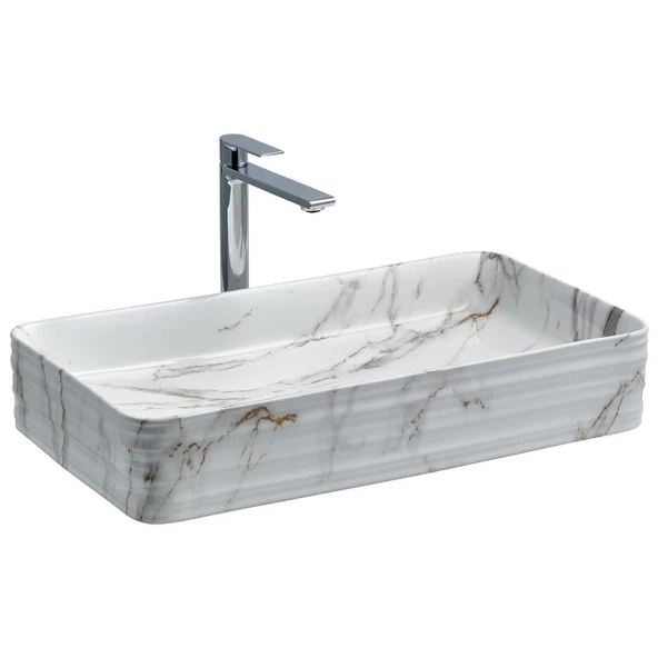 LENA TEZGAHÜSTÜ LAVABO MERMER DESENLİ BEYAZ E-2106M1 - 1