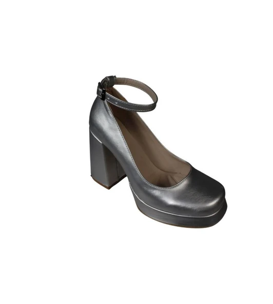 YAZKIŞ Kadın Gümüş 10cm Kalın Topuk 2cm Platform Topuk Bilekten Bağlamalı Plarform Topuk Ayakkabı