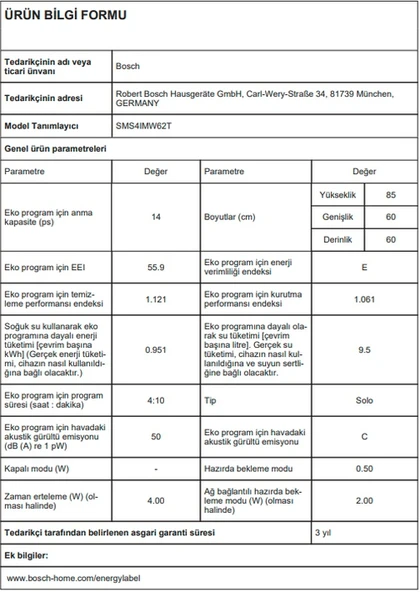 Bosch SMS4IMW62T 6 Programlı 14 Kişilik Bulaşık Makinesi - Resim 3