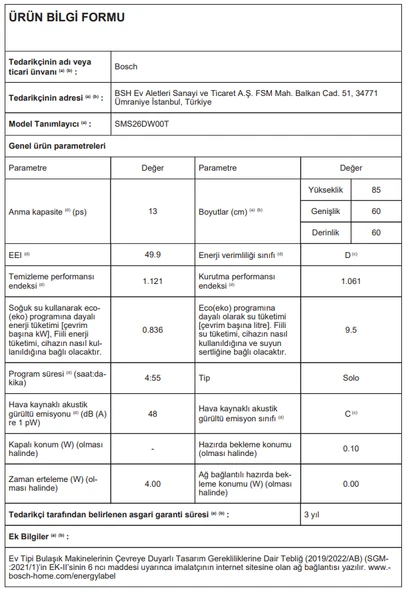 Bosch SMS26DW00T 6 Programlı 13 Kişilik Bulaşık Makinesi - Resim 8