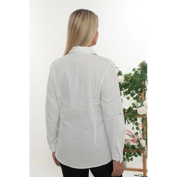 Büyük Beden Kadın Çizgili Uzun Kollu Gömlek - Rahat Kesim Şık Tasarım - 4