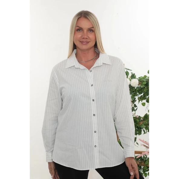 Büyük Beden Kadın Çizgili Uzun Kollu Gömlek - Rahat Kesim Şık Tasarım