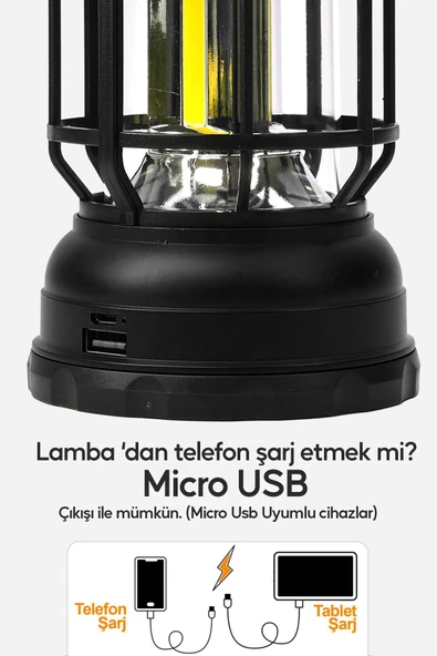 Şarjlı Kamp Lambası Solar LED Işık Ayarlı Askılı El Feneri Portatif Işıldak Gece Lamba Siyah PR27 - Resim 7