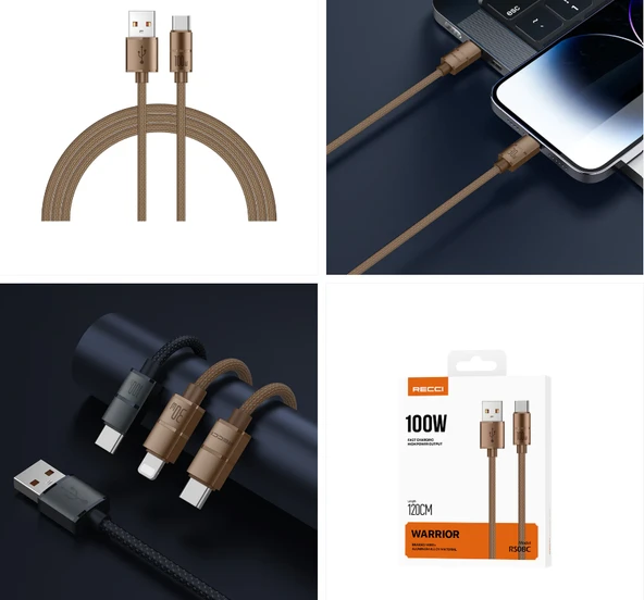 Recci RS08C Warrior Serisi USB-A to Type-C 100W Hızlı Şarj Özellikli Data ve Şarj Kablosu 1.2M Desert Gold ürün görseli 1