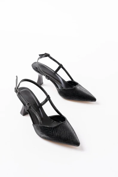 725 Siyah Pul Desenli Sivri Burunlu  Topuklu Kadın Ayakkabı - Resim 4