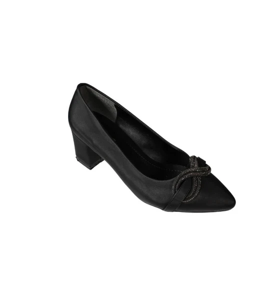 YAZKIŞ Kadın Siyah Gümüş Saten Kumaş Üzeri Tokalı 5cm kalın Taban Abiye Ayakkabı - Resim 2