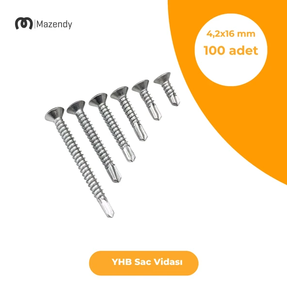 YHB Sac Vidası 4,2x16 mm 100 Adet Matkap Uçlu Galvaniz Sac Vidası - 1