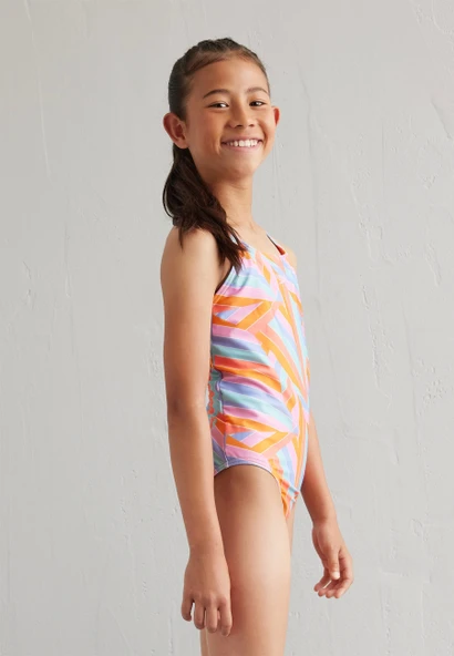 Speedo Allover Printed Medalist Kız Çocuk Yüzücü Mayosu Turuncu-Mavi ürün görseli