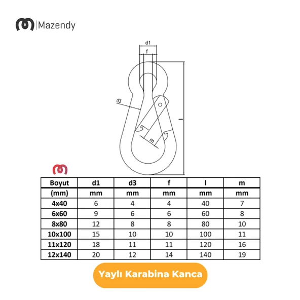 10x100 mm Düz Yaylı Karabina Kanca 5 Adet Paslanmaz Çelik Aparat - 9