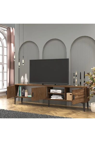 Cool Home Marin Tv Ünitesi Tv Sehpası 180 cm Çizgi desenli , Raflı , Ceviz - 3