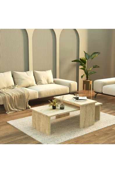 Cool Home Vera 2 ' li Orta Sehpa Ve Zigon Sehpa Seti , Servis Sehpası Traverten (Mermer Desen) - 3