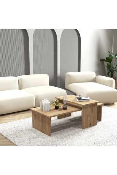 Cool Home Vera 2 ' li Orta Sehpa , Servis Sehpası Sepet (Meşe) - 1