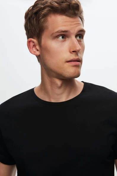 Ds Damat Slim Fit Siyah Bisiklet Yaka %100 Pamuklu Nefes Alabilen T-Shirt - Resim 3