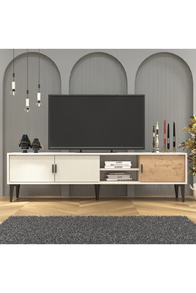 Cool Home Marin Tv Ünitesi Tv Sehpası 180 Cm Çizgi Desenli , Raflı , Sis Gri - 5
