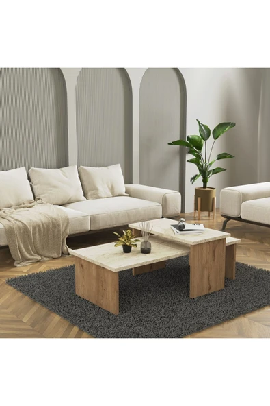 Cool Home Vera 2 ' li Orta Sehpa , Servis Sehpası Sepet - Traverten(Mermer Desen) - 1