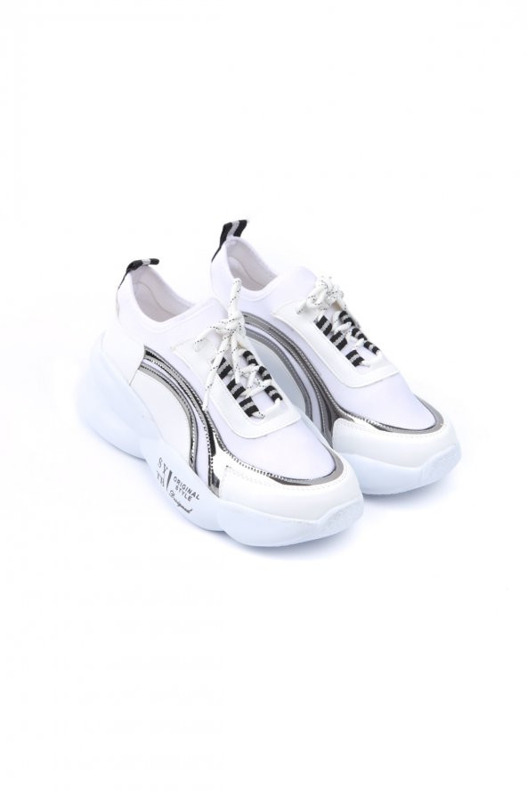 Belinda Beyaz Platin Şerit Detaylı Yüksek Tabanlı Bağcıklı Sneakers Spor Ayakkabı