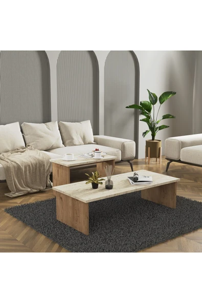 Cool Home Vera 2 ' li Orta Sehpa , Servis Sehpası Sepet - Traverten(Mermer Desen) - 3