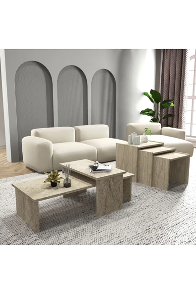Cool Home Vera 2 ' li Orta Sehpa , Servis Sehpası Traverten (Mermer Desen) - 4