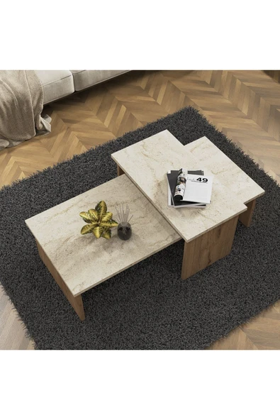 Cool Home Vera 2 ' li Orta Sehpa , Servis Sehpası Sepet - Traverten(Mermer Desen) - 2