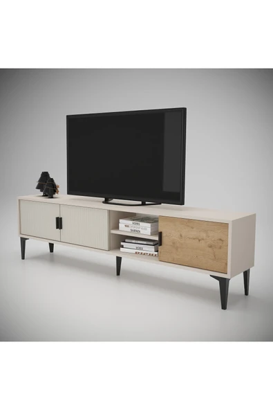 Cool Home Marin Tv Ünitesi Tv Sehpası 180 Cm Çizgi Desenli , Raflı , Sis Gri - 3