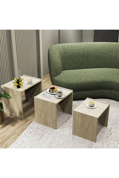 Cool Home Vera 3'lü Zigon Sehpa , Servis Sehpası Traverten - 4