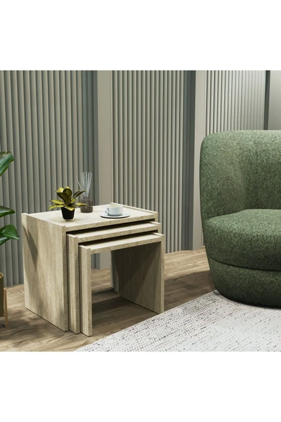 Cool Home Vera 3'lü Zigon Sehpa , Servis Sehpası Traverten - 1