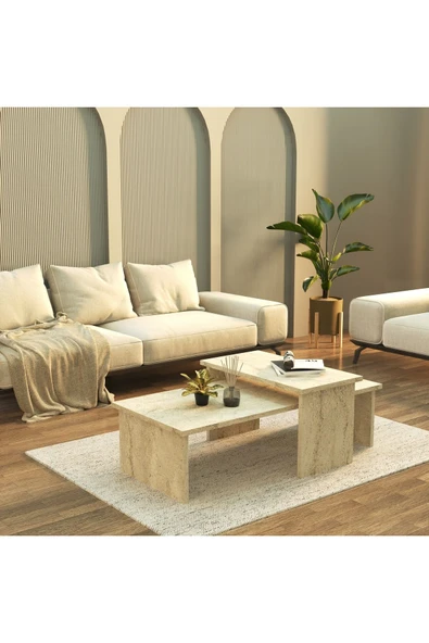 Cool Home Vera 2 ' li Orta Sehpa , Servis Sehpası Traverten (Mermer Desen) - 1