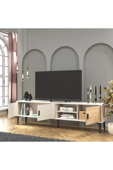 Cool Home Marin Tv Ünitesi Tv Sehpası 180 Cm Çizgi Desenli , Raflı , Sis Gri - 4