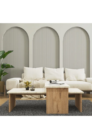Cool Home Vera 2 ' li Orta Sehpa , Servis Sehpası Sepet - Traverten(Mermer Desen) - 4