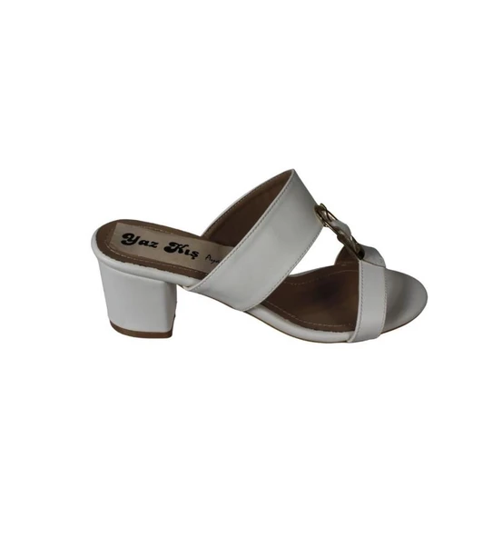 YAZKIŞ Kadın Siyah Beyaz Cilt antlı Üzeri Altın kemer Tokalı 5cm kalın taban terlik - Resim 6