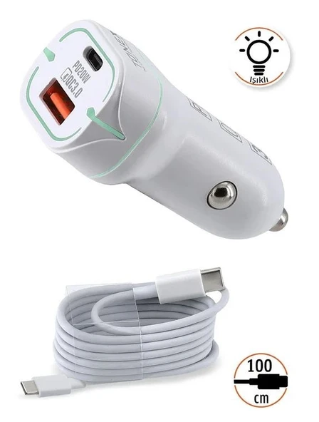 Tonex TA-38W  2 Girişli Type-C To Type-C Kablolu Araç Şarjı Işıklı - - 3
