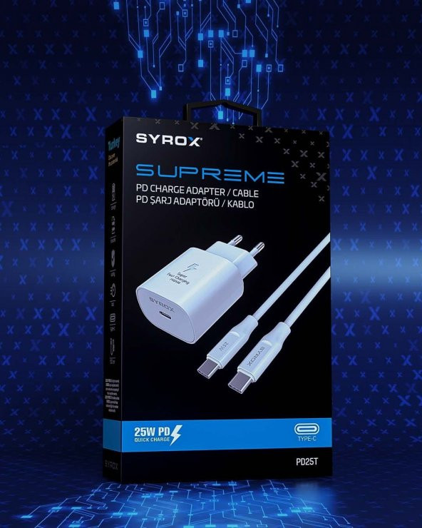 Syrox PD25T QC3.0 PD 25W Hızlı Şarj Aleti Type-C to Type-C Kablo Set Beyaz