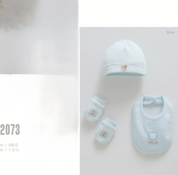Caramell My Baby Kumsal 4lü Takım Mavi Yeni Doğan Aksesuar Eldiven Önlük Bere hello forest 2073