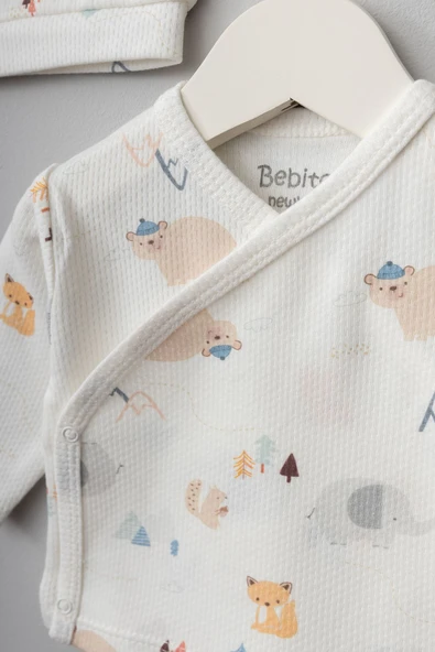 Bebitof My Baby Kumsal % 100 Coton 10 Lu Hastane Çıkışı Yeni Doğan Sevimli Orman Desenli Ekru 10082 - 3