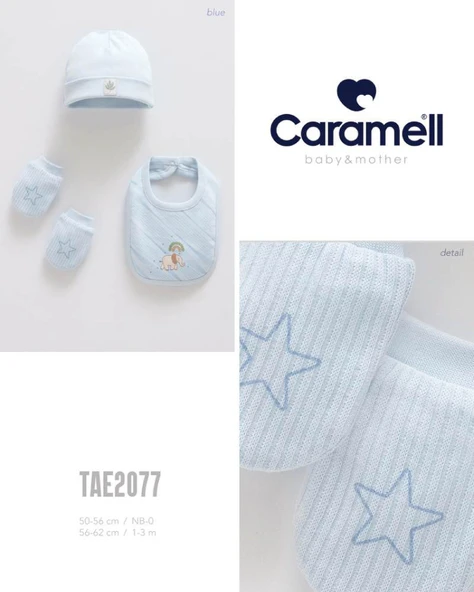 Caramell My Baby Kumsal 4lü Takım  Mavi Renkli Yeni Doğan Eldiven Önlük Bere Good Baby 2077