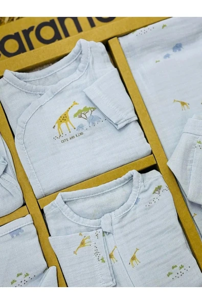 Caramell Hastane Çıkışı 10 Lu Yazlık Özel Üretim Safari (zürafa ) Desenli Müslin Mavi Ve Ekru// 2126