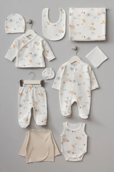 Bebitof My Baby Kumsal % 100 Coton 10 Lu Hastane Çıkışı Yeni Doğan Sevimli Orman Desenli Ekru 10082