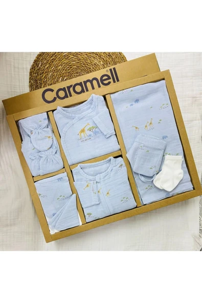 Caramell Hastane Çıkışı 10 Lu Yazlık Özel Üretim Safari (zürafa ) Desenli Müslin Mavi Ve Ekru// 2126 - 3