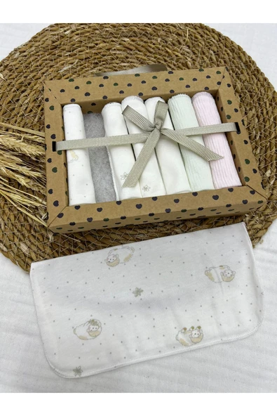 Caramell %100 Coton 7li Bebek Ağız Silme Mendili Minik Kuzu Desenli Organik // 1419 Ekru - 2