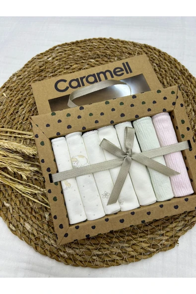 Caramell %100 Coton 7li Bebek Ağız Silme Mendili Minik Kuzu Desenli Organik // 1419 Ekru - 1