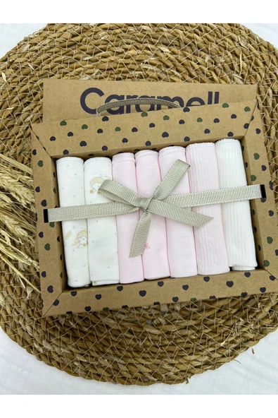 Caramell Pamuklu 7'li Bebek Mendili (YENİDOĞAN) Kuzu Desen 2025 1419 Pembe Mini Lmb - 3