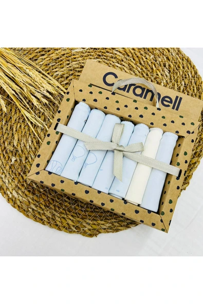 Caramell %100 Coton 7li Bebek Ağız Silme Mendili Uçan Araba Desenli Organik //1204 mavi - 2